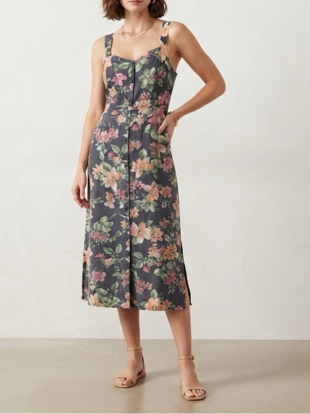 ✨ Old Navy Tropical Floral Smocked Midi Sundress Navy Pink Size L❤️